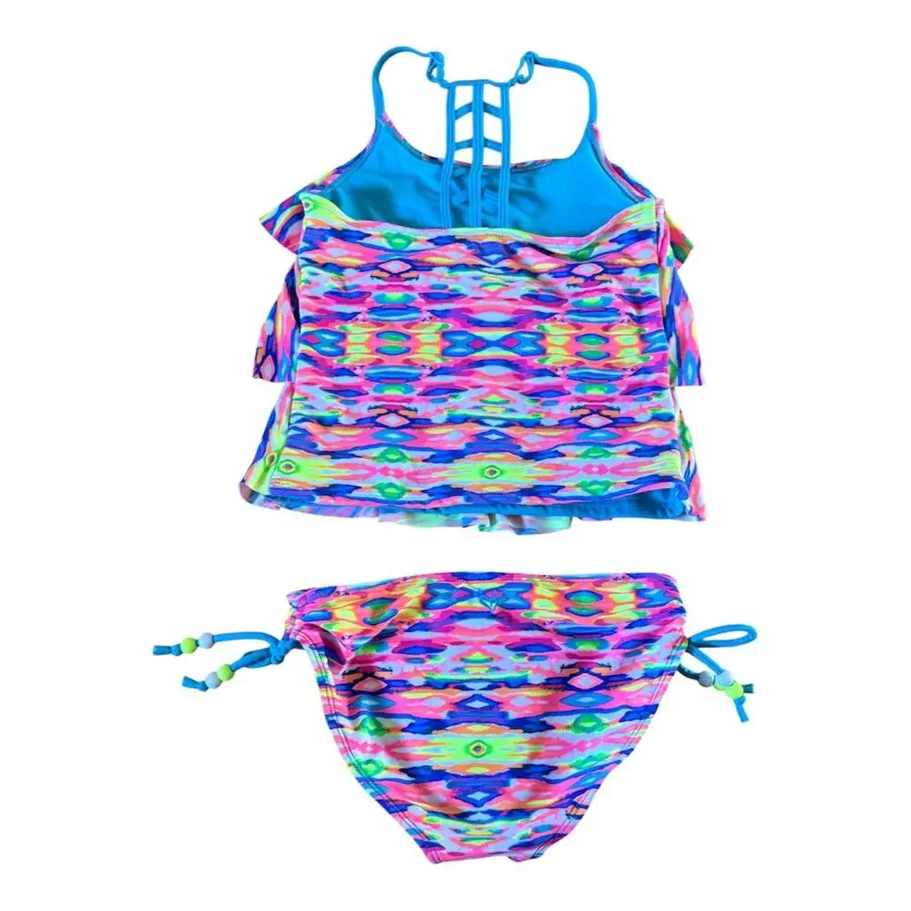Girls 10 Justice Bright Neon Rainbow Ruffle Tankini Bikini 2 Piece Adjustable